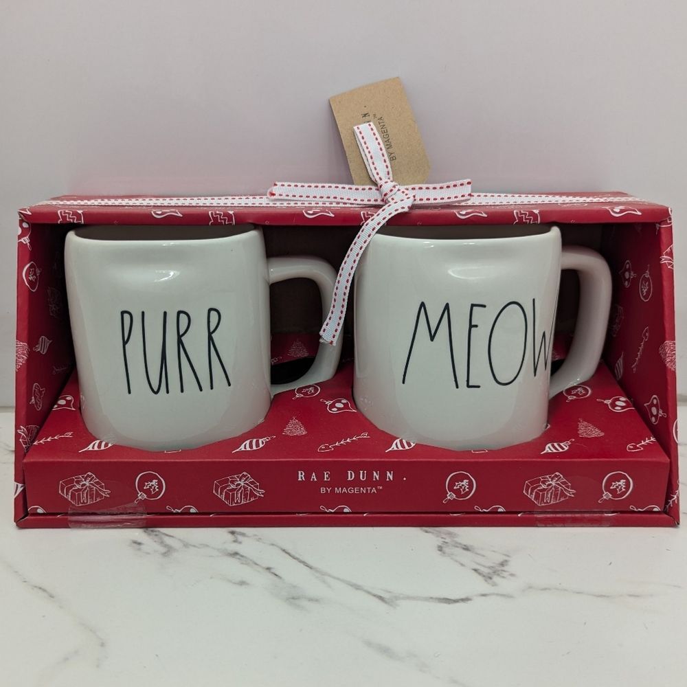 Rae Dunn Cat Lover 2 Mug Christmas Gift Set PURR MEOW White and Black